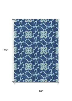 5' X 8' Navy Blue And Aqua Geometric Washable Indoor Outdoor Area Rug