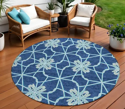 8' Navy Blue And Aqua Round Geometric Washable Indoor Outdoor Area Rug