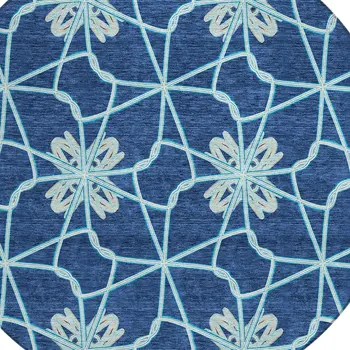 8' Navy Blue And Aqua Round Geometric Washable Indoor Outdoor Area Rug