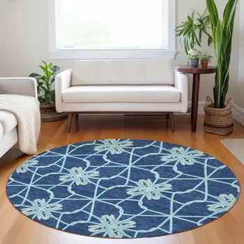 8' Navy Blue And Aqua Round Geometric Washable Indoor Outdoor Area Rug