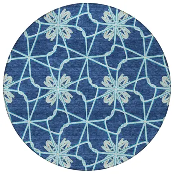 8' Navy Blue And Aqua Round Geometric Washable Indoor Outdoor Area Rug