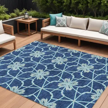 8' X 10' Navy Blue And Aqua Geometric Washable Indoor Outdoor Area Rug