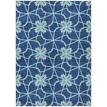 9' X 12' Navy Blue And Aqua Geometric Washable Indoor Outdoor Area Rug