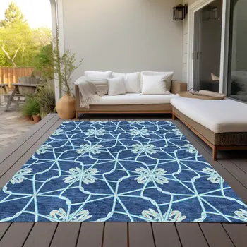10' X 14' Navy Blue And Aqua Geometric Washable Indoor Outdoor Area Rug