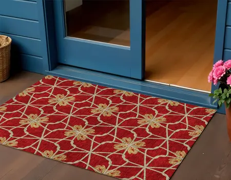 3' X 5' Orange And Gold Geometric Washable Indoor Outdoor Area Rug