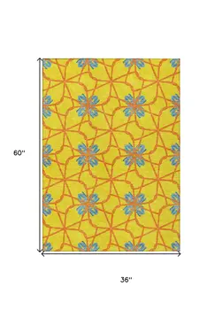 3' X 5' Yellow And Teal Blue Geometric Washable Indoor Outdoor Area Rug