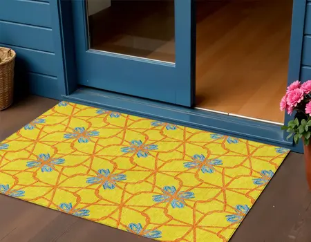 3' X 5' Yellow And Teal Blue Geometric Washable Indoor Outdoor Area Rug