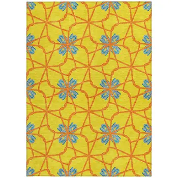 5' X 8' Yellow And Teal Blue Geometric Washable Indoor Outdoor Area Rug