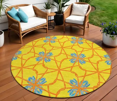 8' Yellow And Teal Blue Round Geometric Washable Indoor Outdoor Area Rug