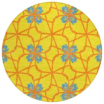 8' Yellow And Teal Blue Round Geometric Washable Indoor Outdoor Area Rug