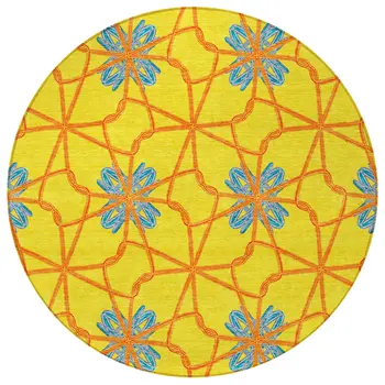8' Yellow And Teal Blue Round Geometric Washable Indoor Outdoor Area Rug