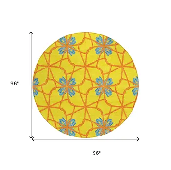 8' Yellow And Teal Blue Round Geometric Washable Indoor Outdoor Area Rug