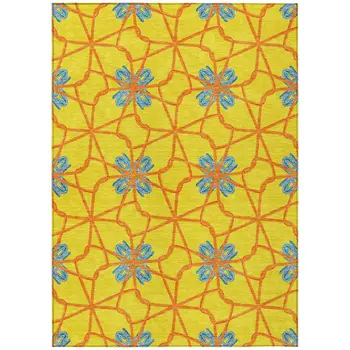 8' X 10' Yellow And Teal Blue Geometric Washable Indoor Outdoor Area Rug