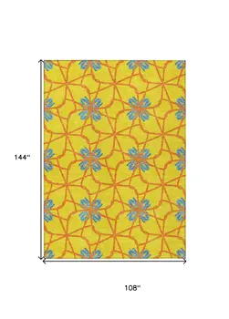 9' X 12' Yellow And Teal Blue Geometric Washable Indoor Outdoor Area Rug