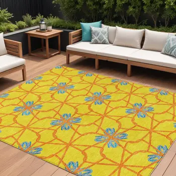9' X 12' Yellow And Teal Blue Geometric Washable Indoor Outdoor Area Rug