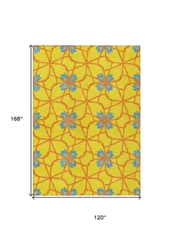 10' X 14' Yellow And Teal Blue Geometric Washable Indoor Outdoor Area Rug