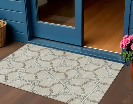 3' X 5' Beige And Taupe Geometric Washable Indoor Outdoor Area Rug