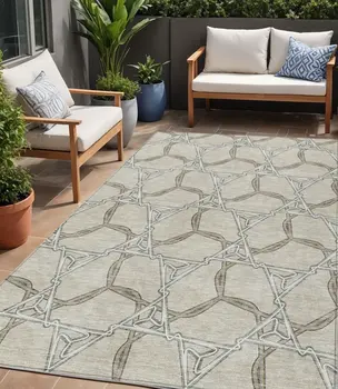5' X 8' Beige And Taupe Geometric Washable Indoor Outdoor Area Rug