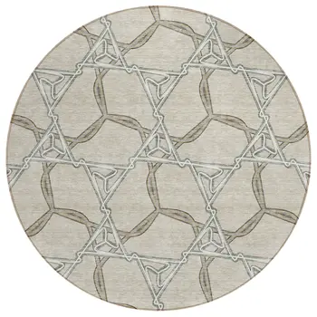 8' Beige And Taupe Round Geometric Washable Indoor Outdoor Area Rug