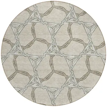 8' Beige And Taupe Round Geometric Washable Indoor Outdoor Area Rug