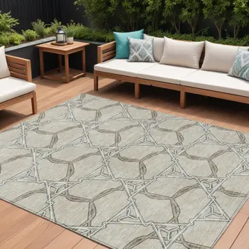 10' X 14' Beige And Taupe Geometric Washable Indoor Outdoor Area Rug