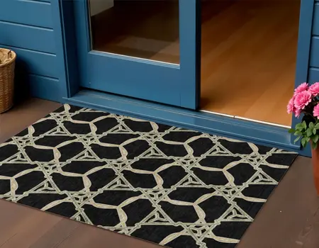 3' X 5' Black And Beige Geometric Washable Indoor Outdoor Area Rug