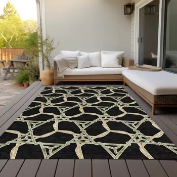 3' X 5' Black And Beige Geometric Washable Indoor Outdoor Area Rug