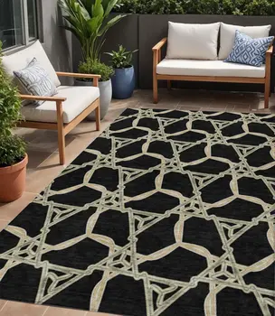 5' X 8' Black And Beige Geometric Washable Indoor Outdoor Area Rug