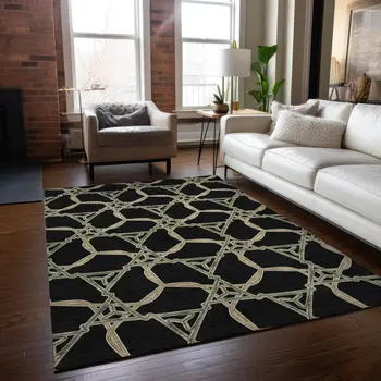 5' X 8' Black And Beige Geometric Washable Indoor Outdoor Area Rug