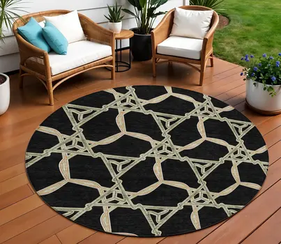 8' Black And Beige Round Geometric Washable Indoor Outdoor Area Rug
