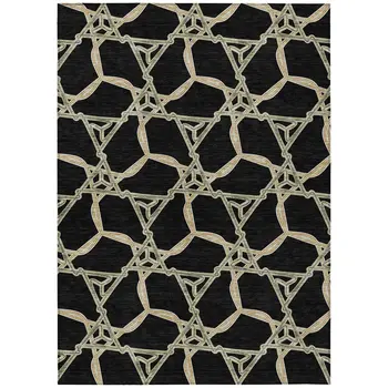 8' X 10' Black And Beige Geometric Washable Indoor Outdoor Area Rug