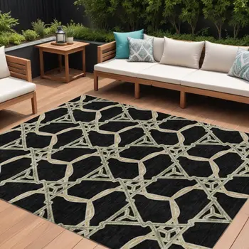9' X 12' Black And Beige Geometric Washable Indoor Outdoor Area Rug