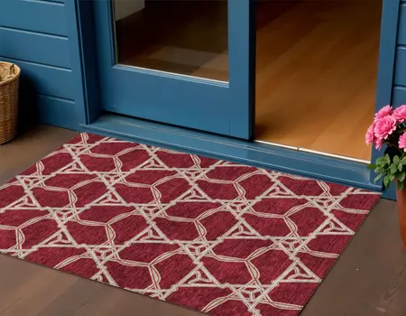 3' X 5' Burgundy And Gold Geometric Washable Indoor Outdoor Area Rug