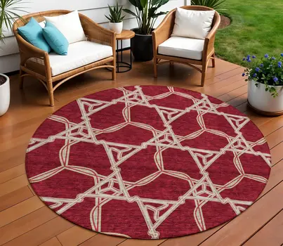8' Burgundy And Gold Round Geometric Washable Indoor Outdoor Area Rug