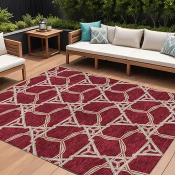 10' X 14' Burgundy And Gold Geometric Washable Indoor Outdoor Area Rug