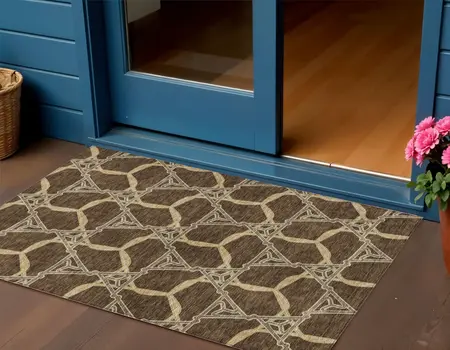 3' X 5' Brown And Beige Geometric Washable Indoor Outdoor Area Rug