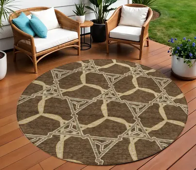8' Brown And Beige Round Geometric Washable Indoor Outdoor Area Rug