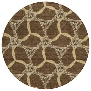 8' Brown And Beige Round Geometric Washable Indoor Outdoor Area Rug