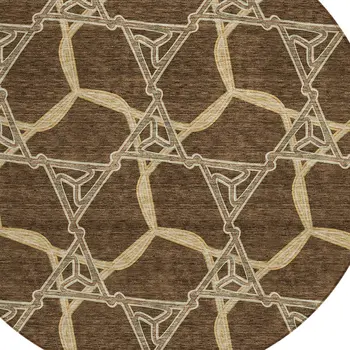 8' Brown And Beige Round Geometric Washable Indoor Outdoor Area Rug