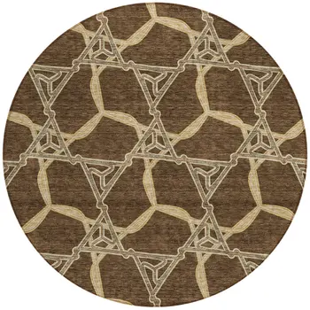 8' Brown And Beige Round Geometric Washable Indoor Outdoor Area Rug