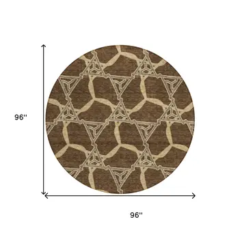 8' Brown And Beige Round Geometric Washable Indoor Outdoor Area Rug