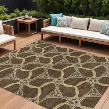 8' X 10' Brown And Beige Geometric Washable Indoor Outdoor Area Rug