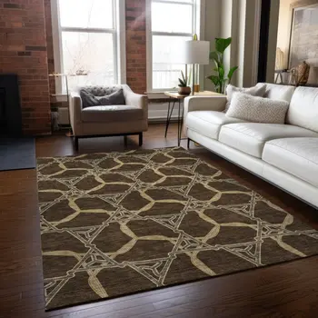 10' X 14' Brown And Beige Geometric Washable Indoor Outdoor Area Rug