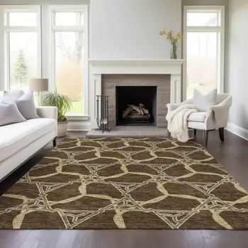 10' X 14' Brown And Beige Geometric Washable Indoor Outdoor Area Rug