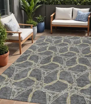 5' X 8' Charcoal And Gold Geometric Washable Indoor Outdoor Area Rug