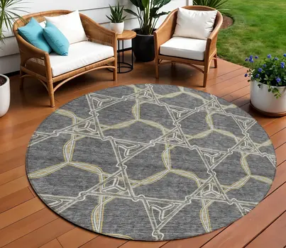 8' Charcoal And Gold Round Geometric Washable Indoor Outdoor Area Rug