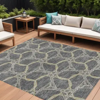 10' X 14' Charcoal And Gold Geometric Washable Indoor Outdoor Area Rug