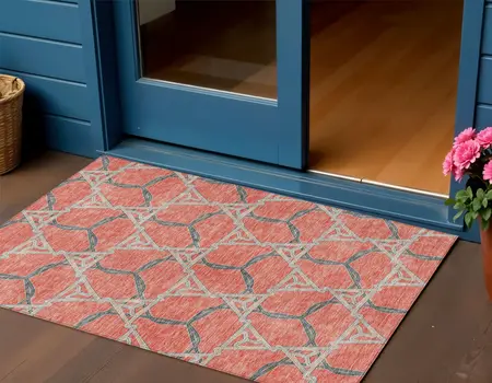 3' X 5' Coral And Taupe Geometric Washable Indoor Outdoor Area Rug