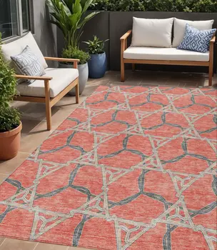 5' X 8' Coral And Taupe Geometric Washable Indoor Outdoor Area Rug