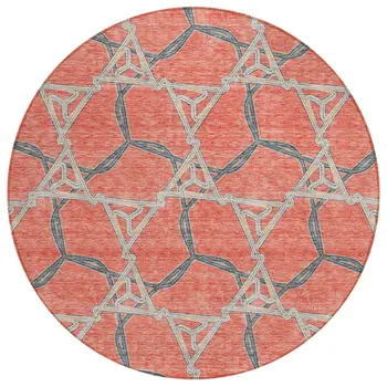 8' Coral And Taupe Round Geometric Washable Indoor Outdoor Area Rug